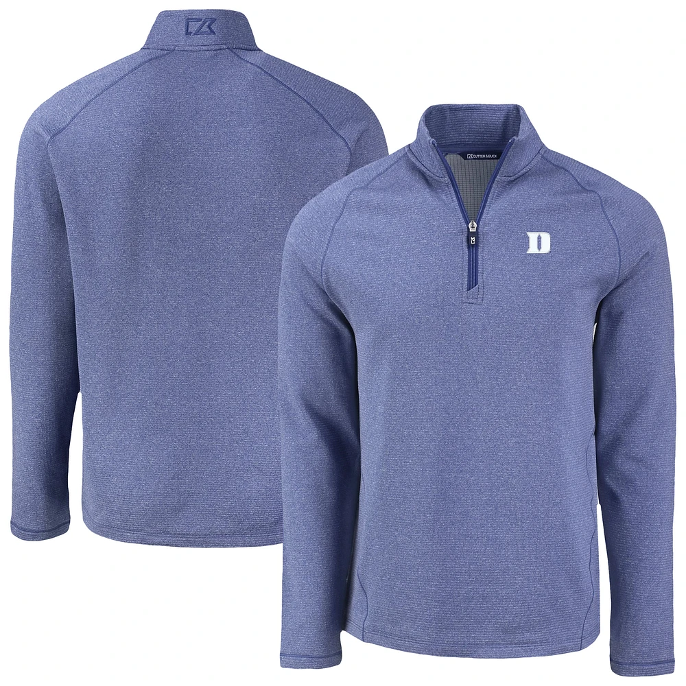 Men's Cutter & Buck Heather Blue Duke Devils Peshastin Eco Fleece Recycled Quarter-Zip Top