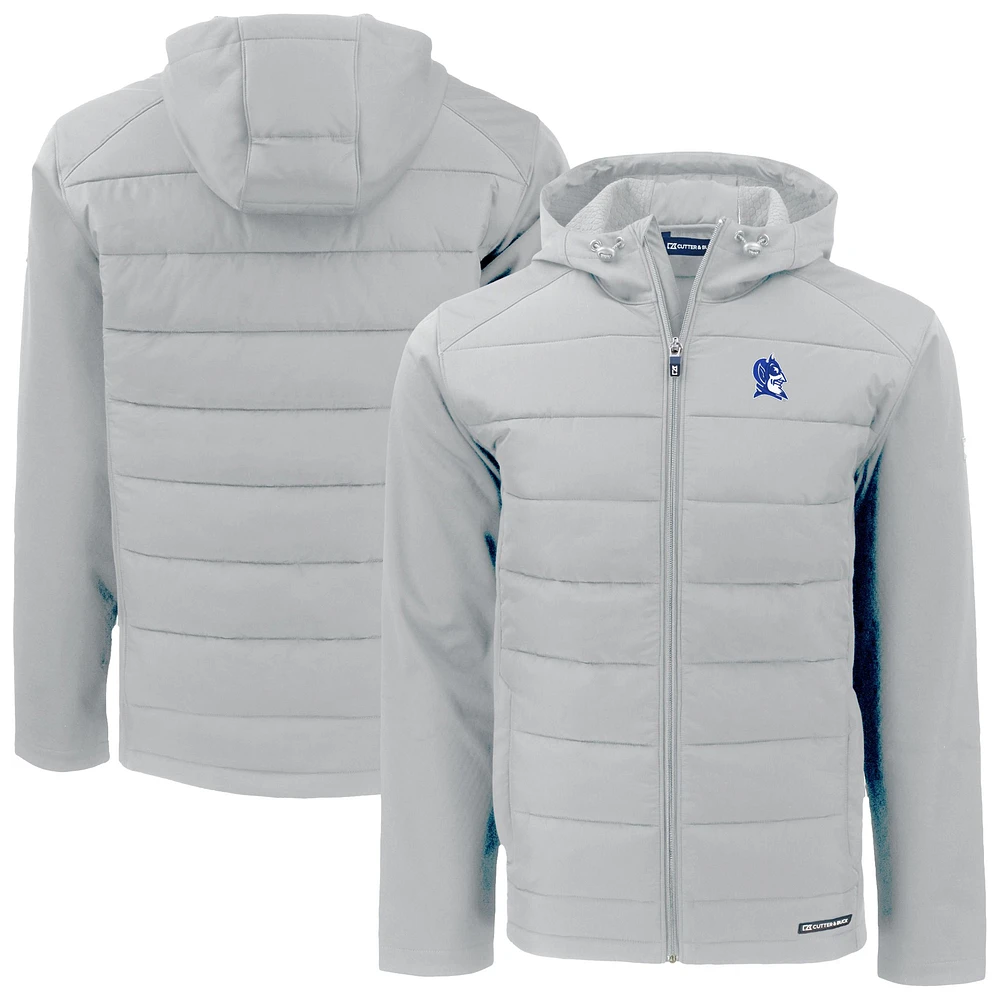 Men's Cutter & Buck Gray Duke Blue Devils Evoke Hybrid Eco Softshell Recycled Full-Zip Hoodie Jacket