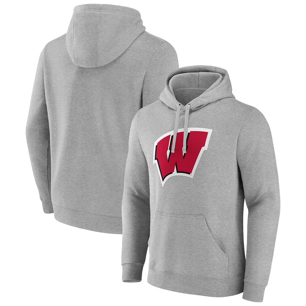 Men's Fanatics Gray Wisconsin Badgers Applique Fleece Pullover Hoodie