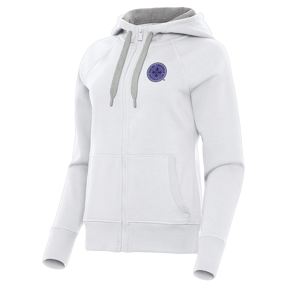 Women's Antigua White Racing Louisville FC Victory Full-Zip Hoodie