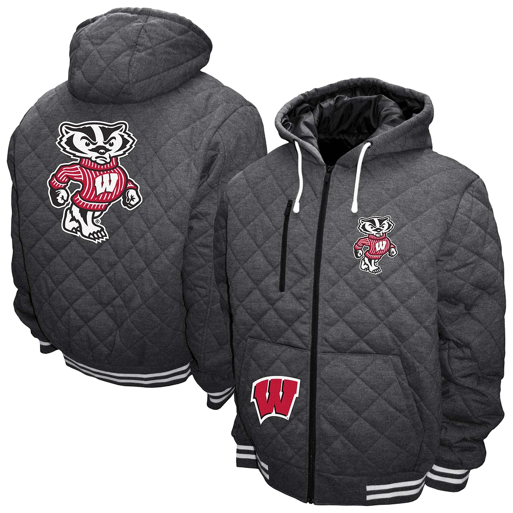 Men's Franchise Club Gray Wisconsin Badgers Diamond Quilted Full-Zip Hoodie Jacket
