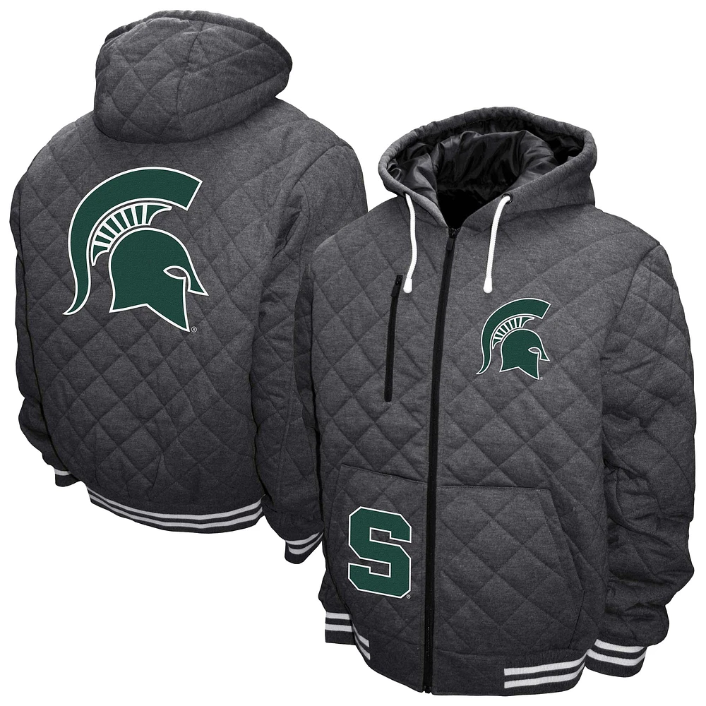 Men's Franchise Club Gray Michigan State Spartans Diamond Quilted Full-Zip Hoodie Jacket