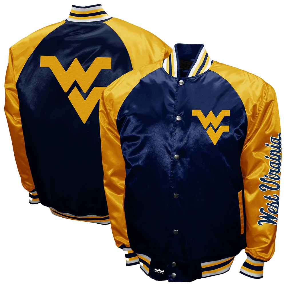 Men's Franchise Club Navy West Virginia Mountaineers The Game Satin Full-Snap Jacket
