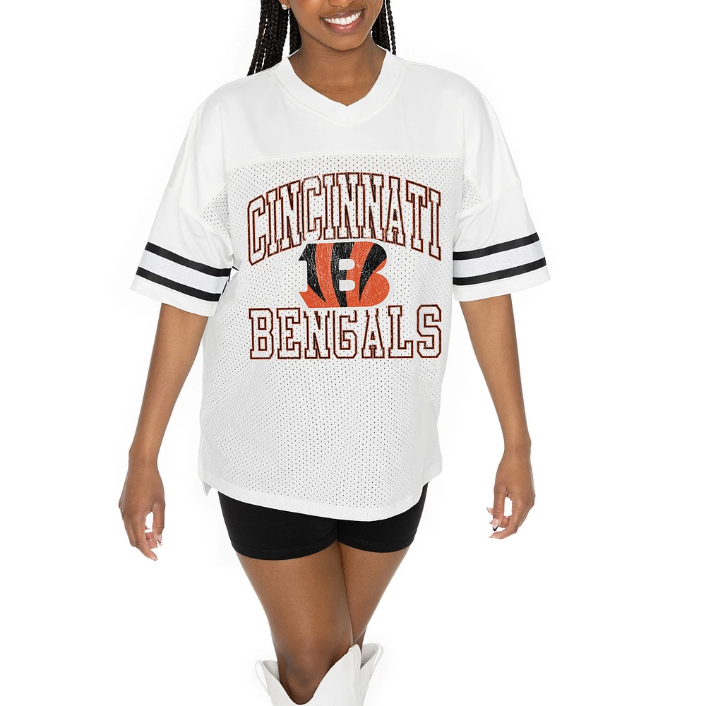 Women's Gameday Couture White Cincinnati Bengals Oversized Sporty Mesh V-Neck Top