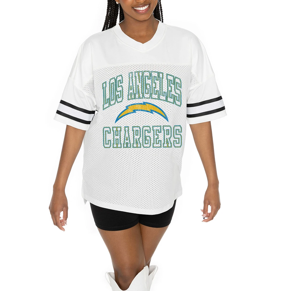 Women's Gameday Couture White Los Angeles Chargers Oversized Sporty Mesh V-Neck Top