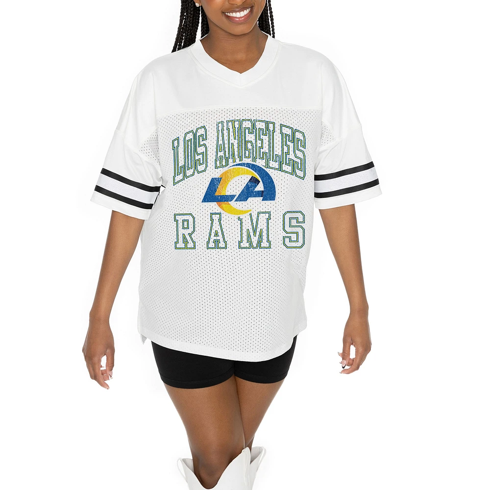 Women's Gameday Couture White Los Angeles Rams Oversized Sporty Mesh V-Neck Top