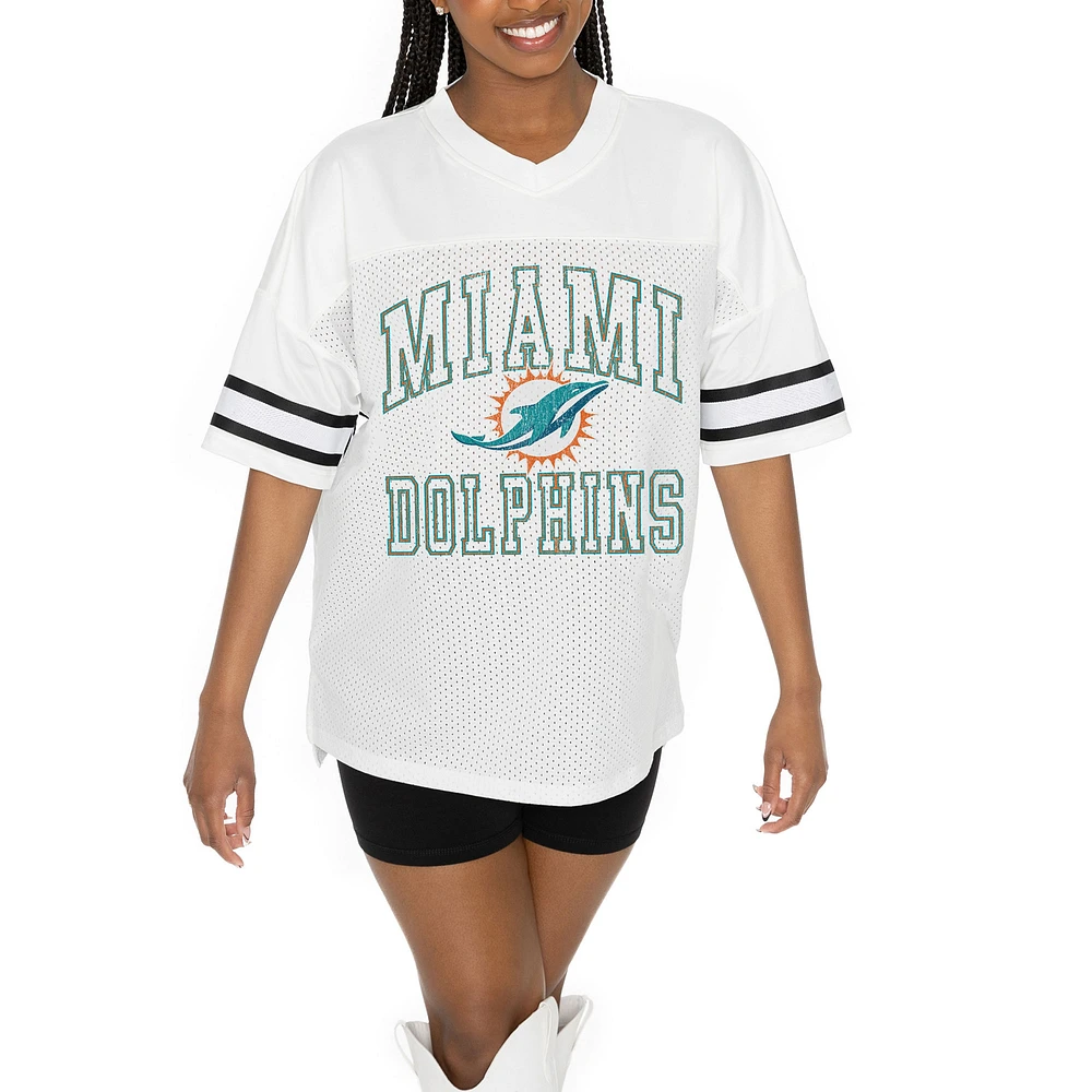 Women's Gameday Couture White Miami Dolphins Oversized Sporty Mesh V-Neck Top