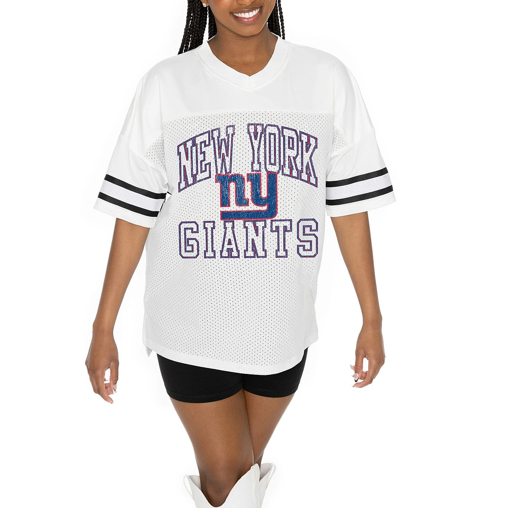 Women's Gameday Couture White New York Giants Oversized Sporty Mesh V-Neck Top