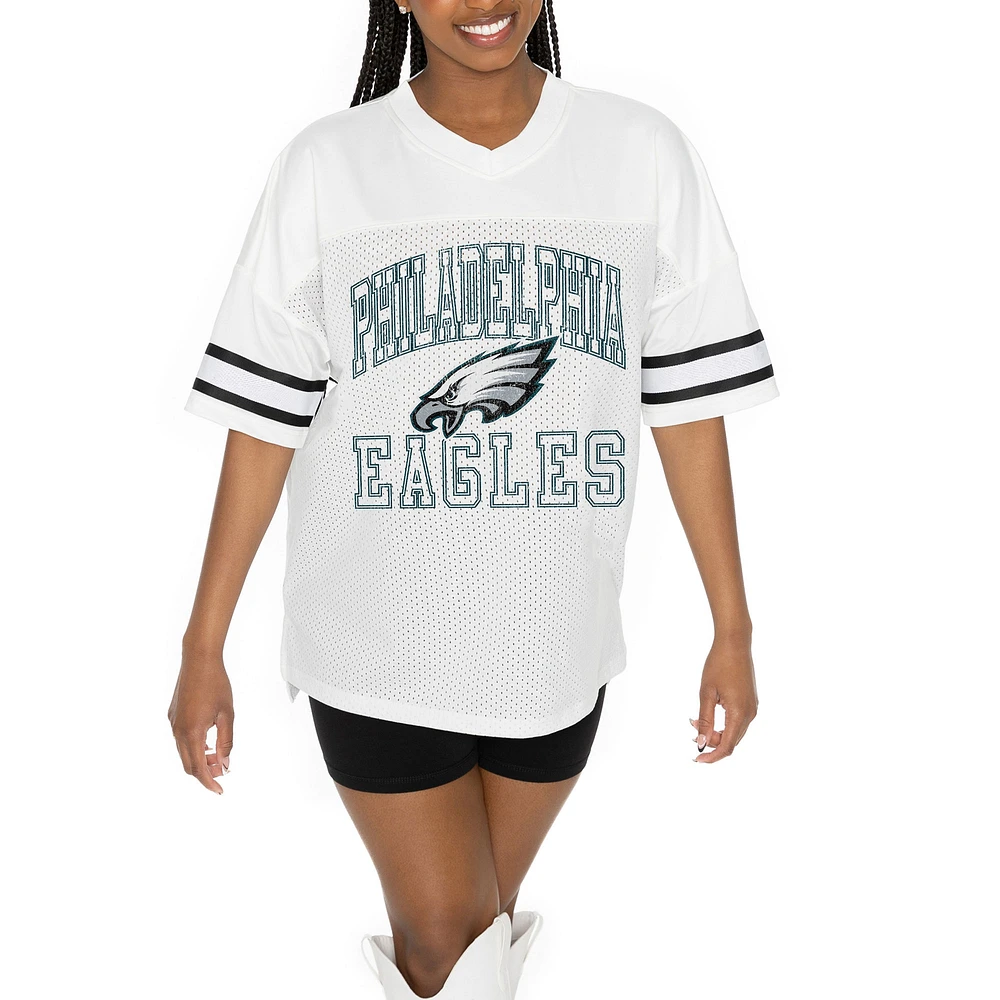 Women's Gameday Couture White Philadelphia Eagles Oversized Sporty Mesh V-Neck Top