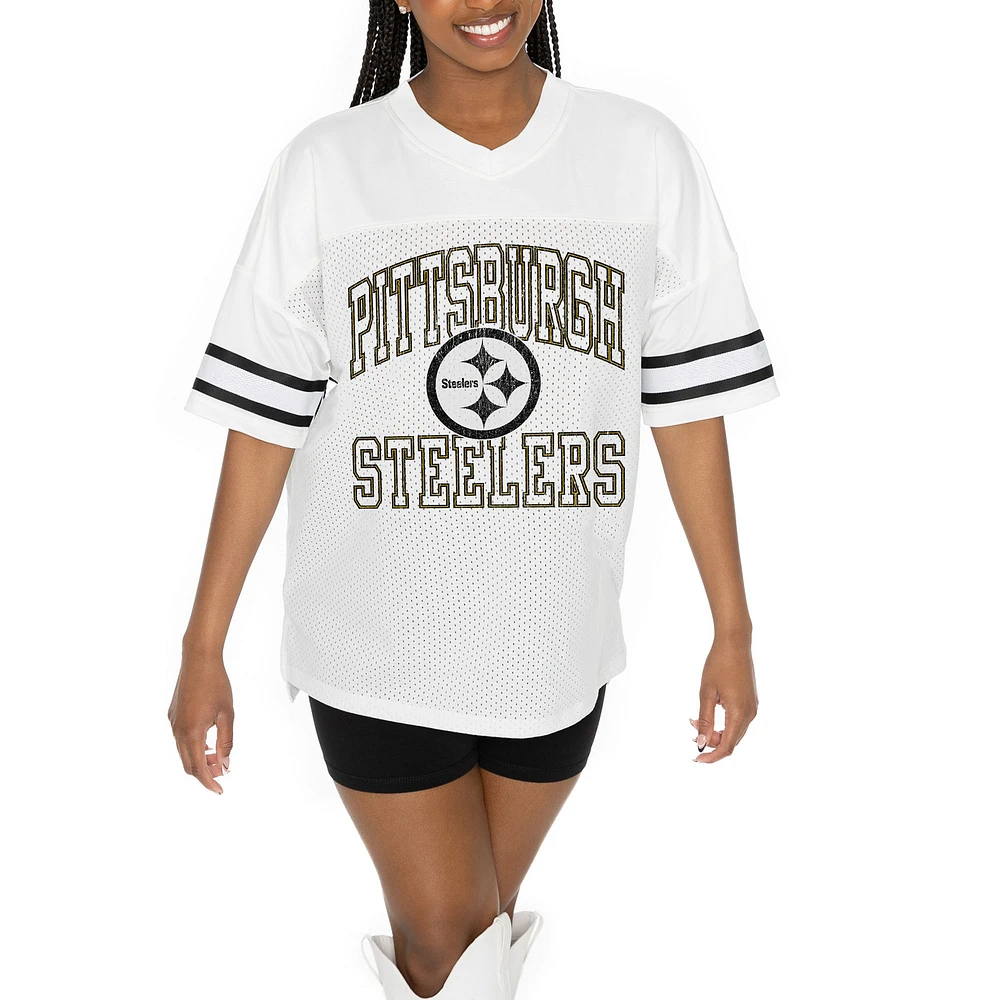Women's Gameday Couture White Pittsburgh Steelers Oversized Sporty Mesh V-Neck Top