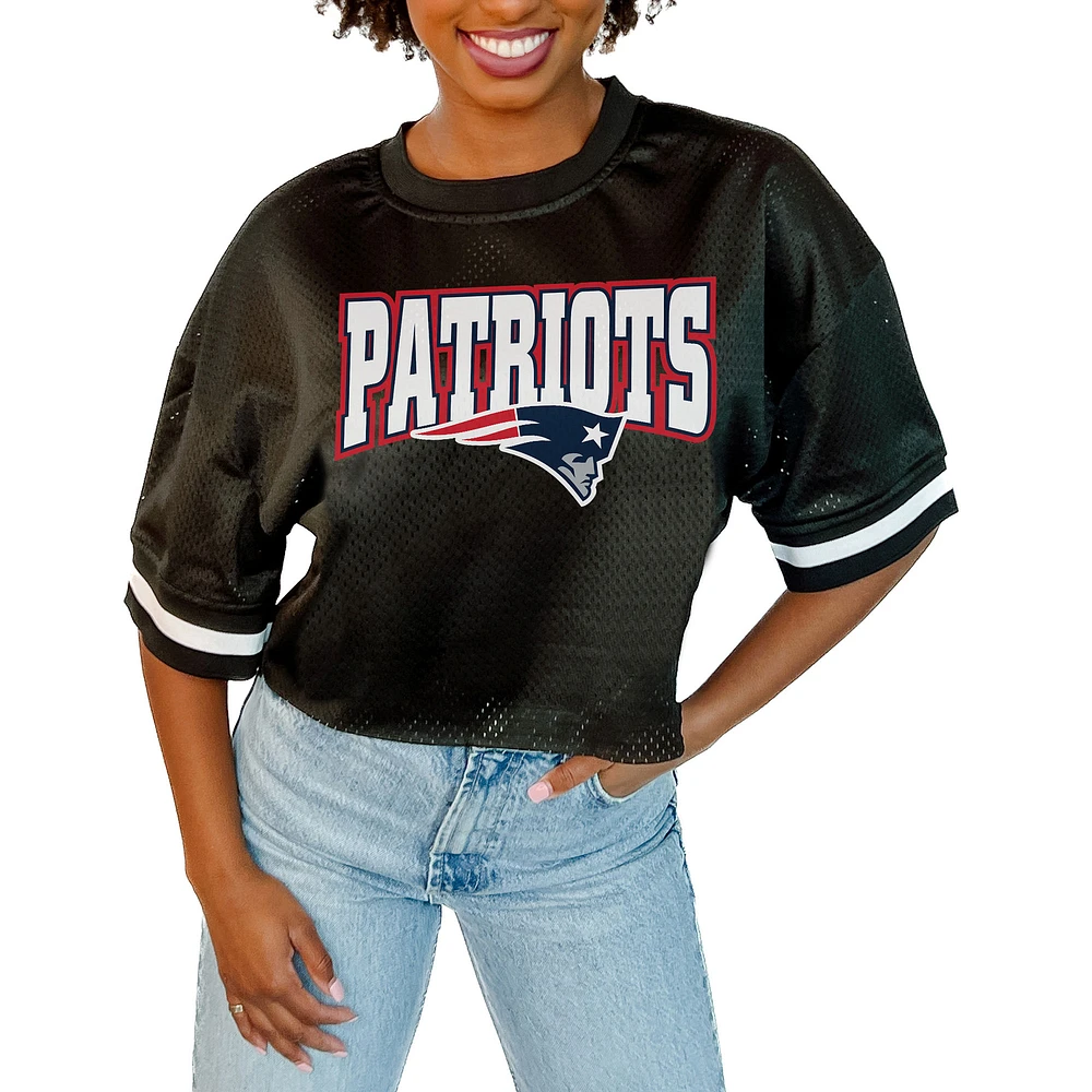 Women's Gameday Couture Black New England Patriots Mesh Fashion Cropped Jersey Top