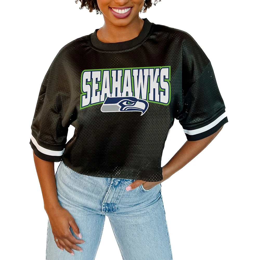 Women's Gameday Couture Black Seattle Seahawks Mesh Fashion Cropped Jersey Top