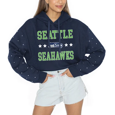 Women's Gameday Couture College Navy Seattle Seahawks Like A Star Scrunch Waist Pullover Rhinestone Hoodie