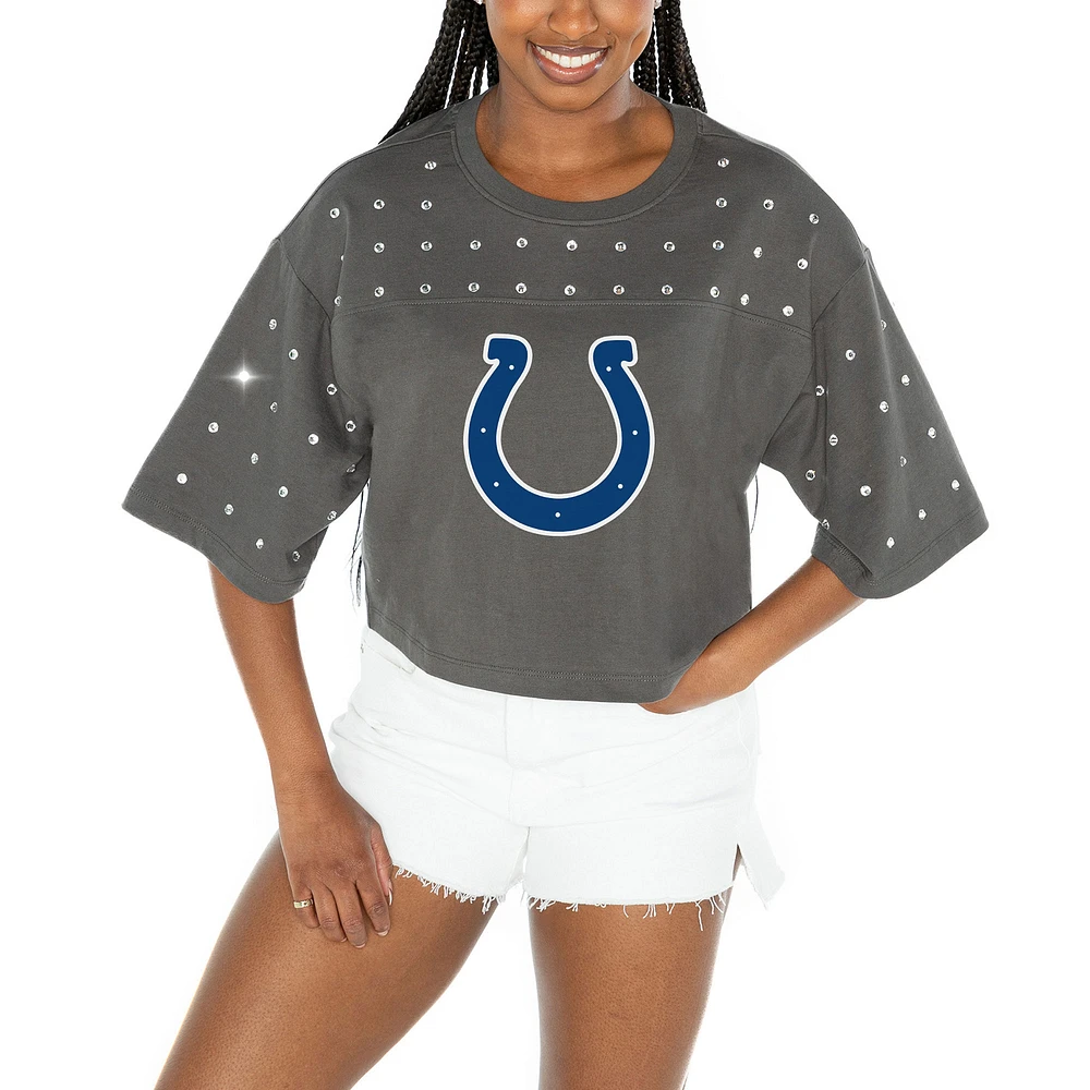 Women's Gameday Couture Gray Indianapolis Colts Making Moves Rhinestone Cropped Oversized T-Shirt