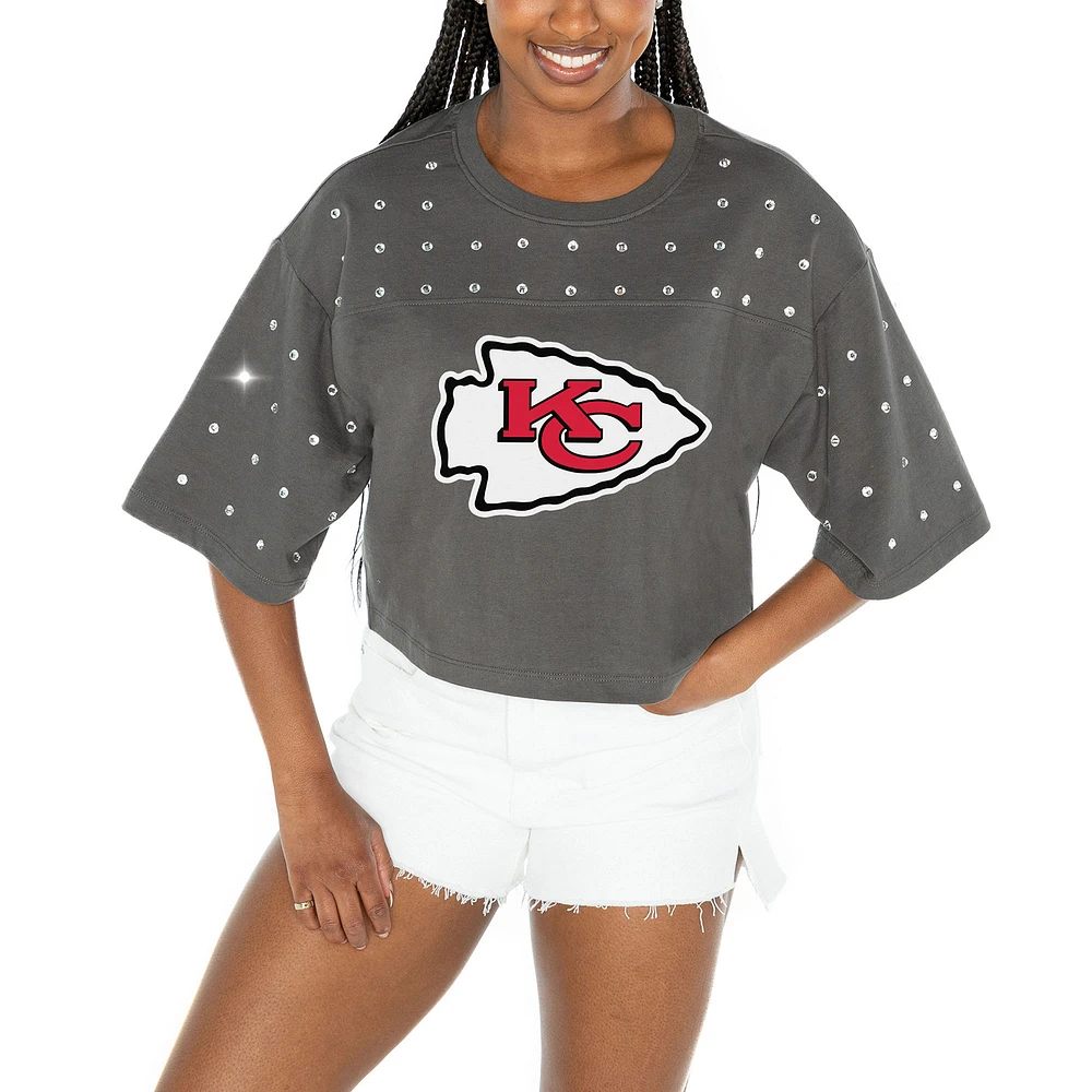 Women's Gameday Couture Gray Kansas City Chiefs All-Over Rhinestone Cropped Oversized T-Shirt