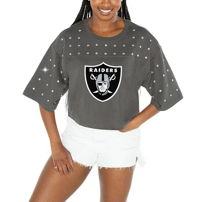 Women's Gameday Couture Gray Las Vegas Raiders All-Over Rhinestone Cropped Oversized T-Shirt