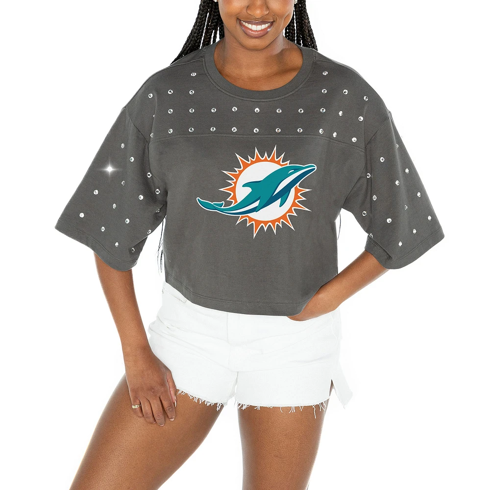 Women's Gameday Couture Gray Miami Dolphins All-Over Rhinestone Cropped Oversized T-Shirt