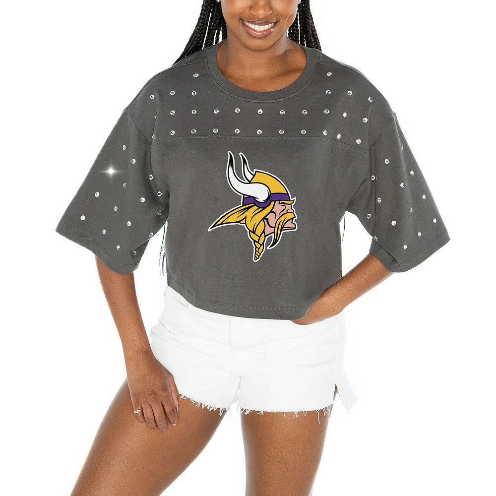 Women's Gameday Couture Gray Minnesota Vikings All-Over Rhinestone Cropped Oversized T-Shirt