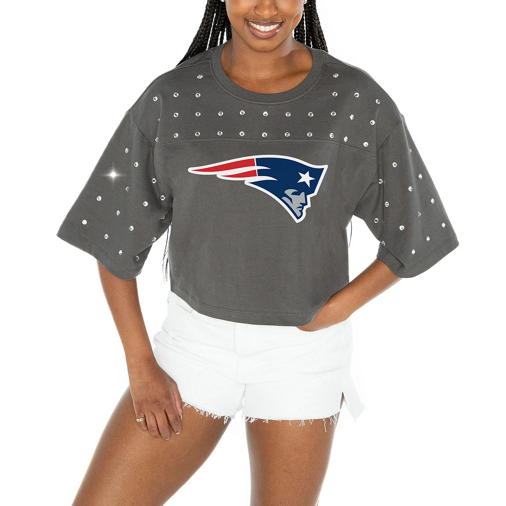 Women's Gameday Couture Gray New England Patriots All-Over Rhinestone Cropped Oversized T-Shirt