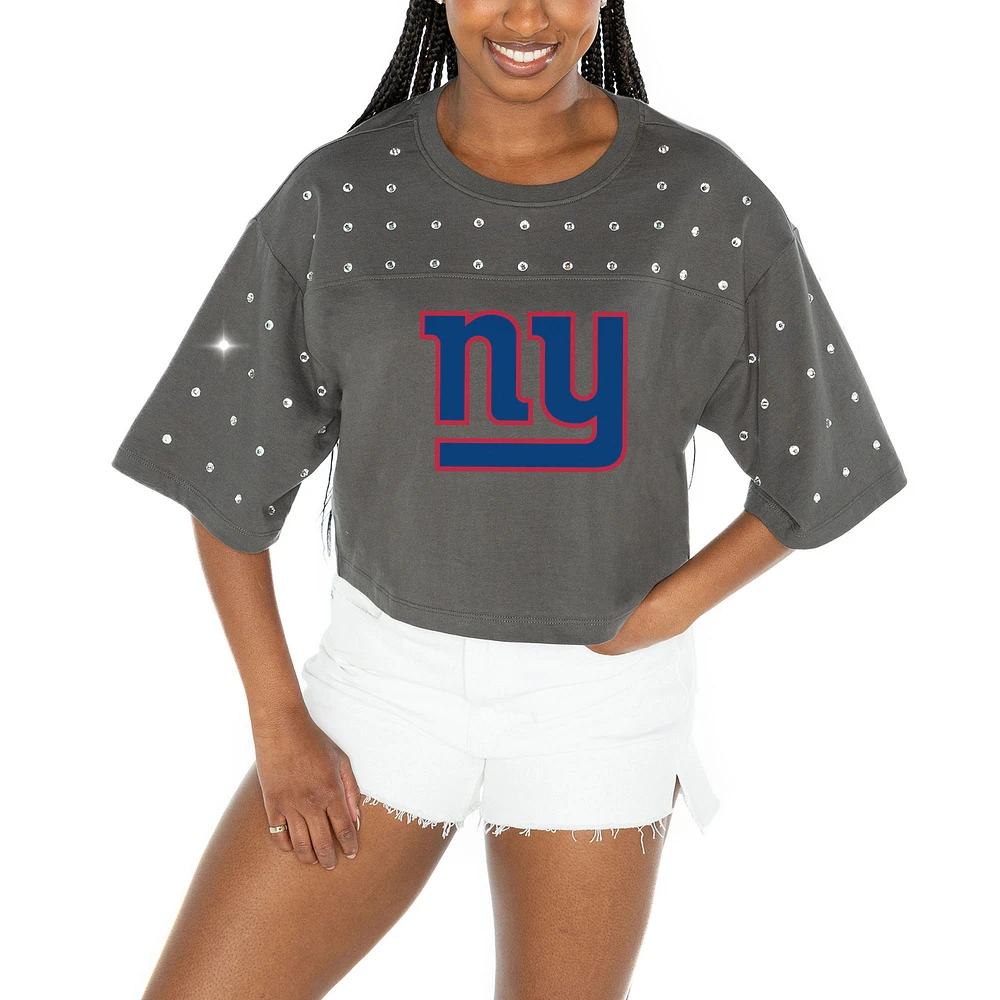 Women's Gameday Couture Gray New York Giants All-Over Rhinestone Cropped Oversized T-Shirt