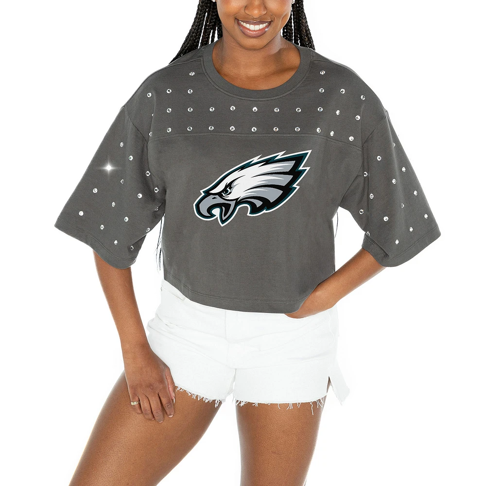 Women's Gameday Couture Gray Philadelphia Eagles All-Over Rhinestone Cropped Oversized T-Shirt
