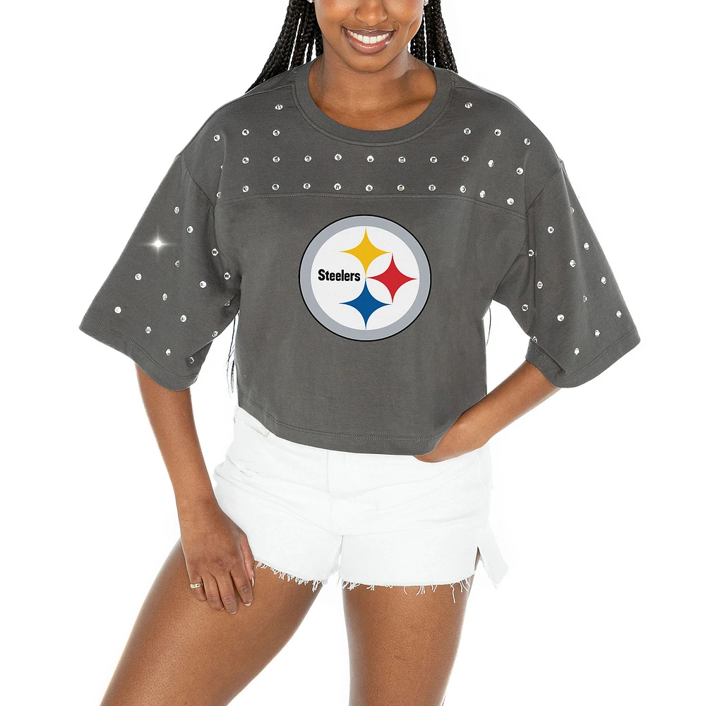 Women's Gameday Couture Gray Pittsburgh Steelers All-Over Rhinestone Cropped Oversized T-Shirt