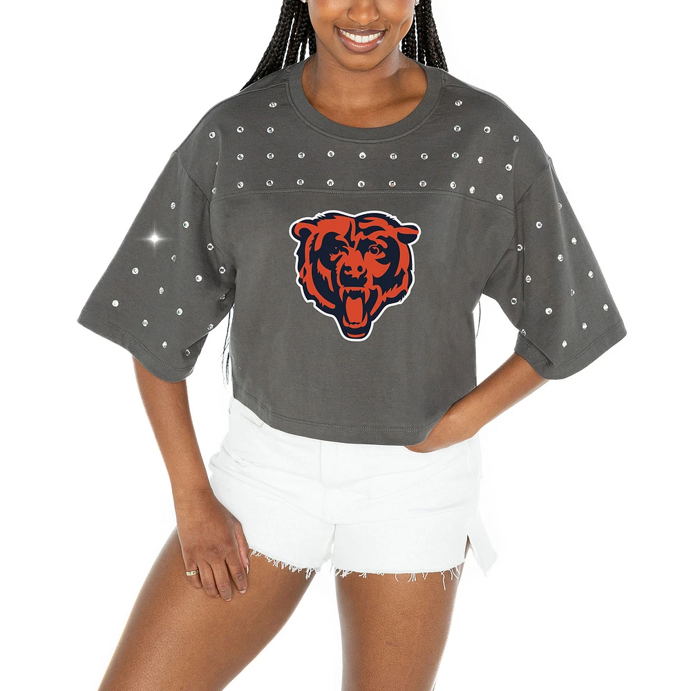 Women's Gameday Couture Gray Chicago Bears All-Over Rhinestone Cropped Oversized T-Shirt