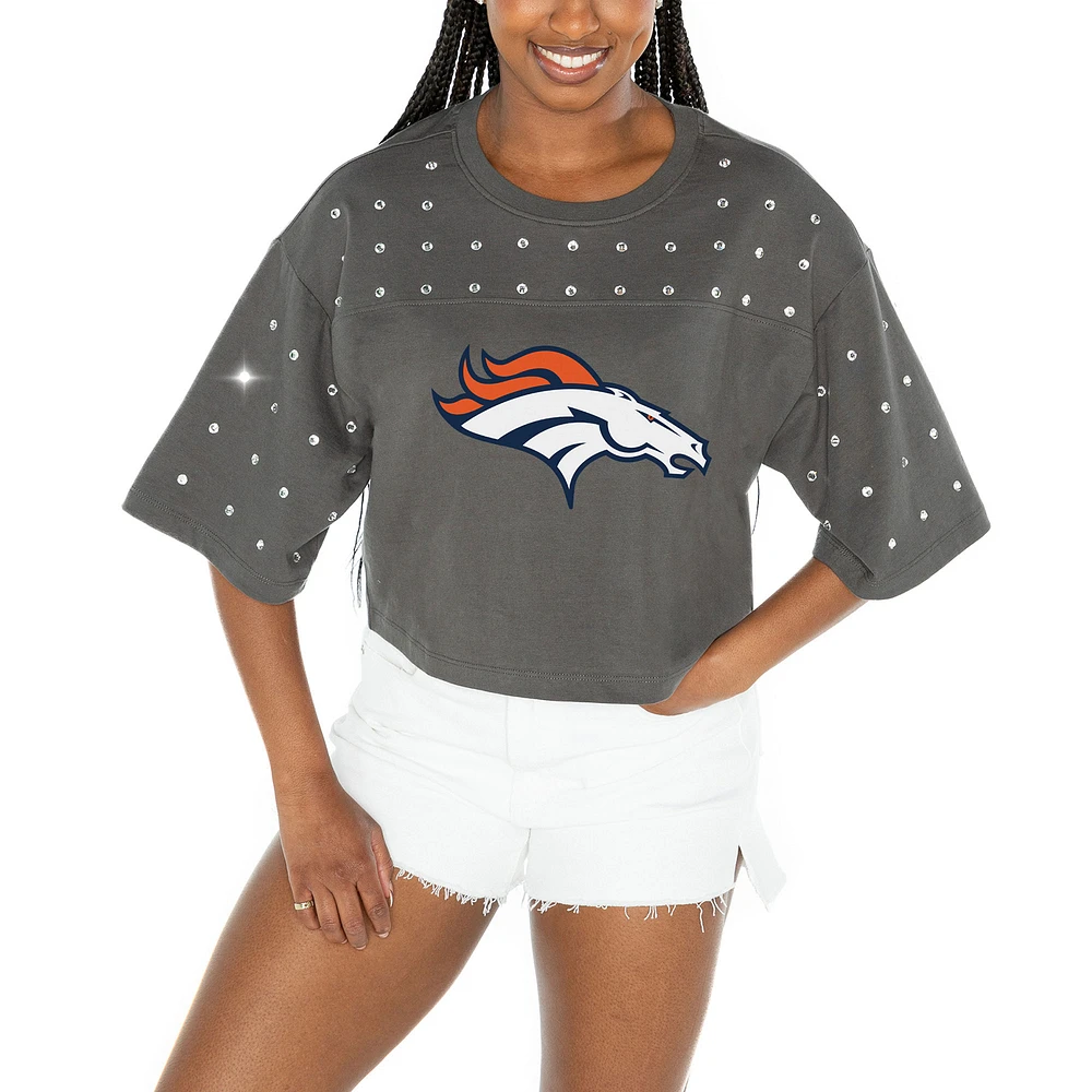Women's Gameday Couture Gray Denver Broncos All-Over Rhinestone Cropped Oversized T-Shirt