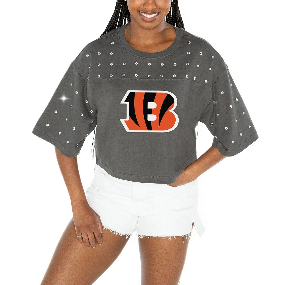Women's Gameday Couture Gray Cincinnati Bengals All-Over Rhinestone Cropped Oversized T-Shirt