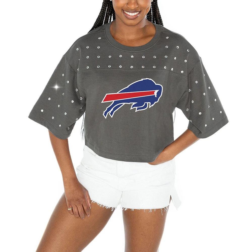 Women's Gameday Couture Gray Buffalo Bills All-Over Rhinestone Cropped Oversized T-Shirt