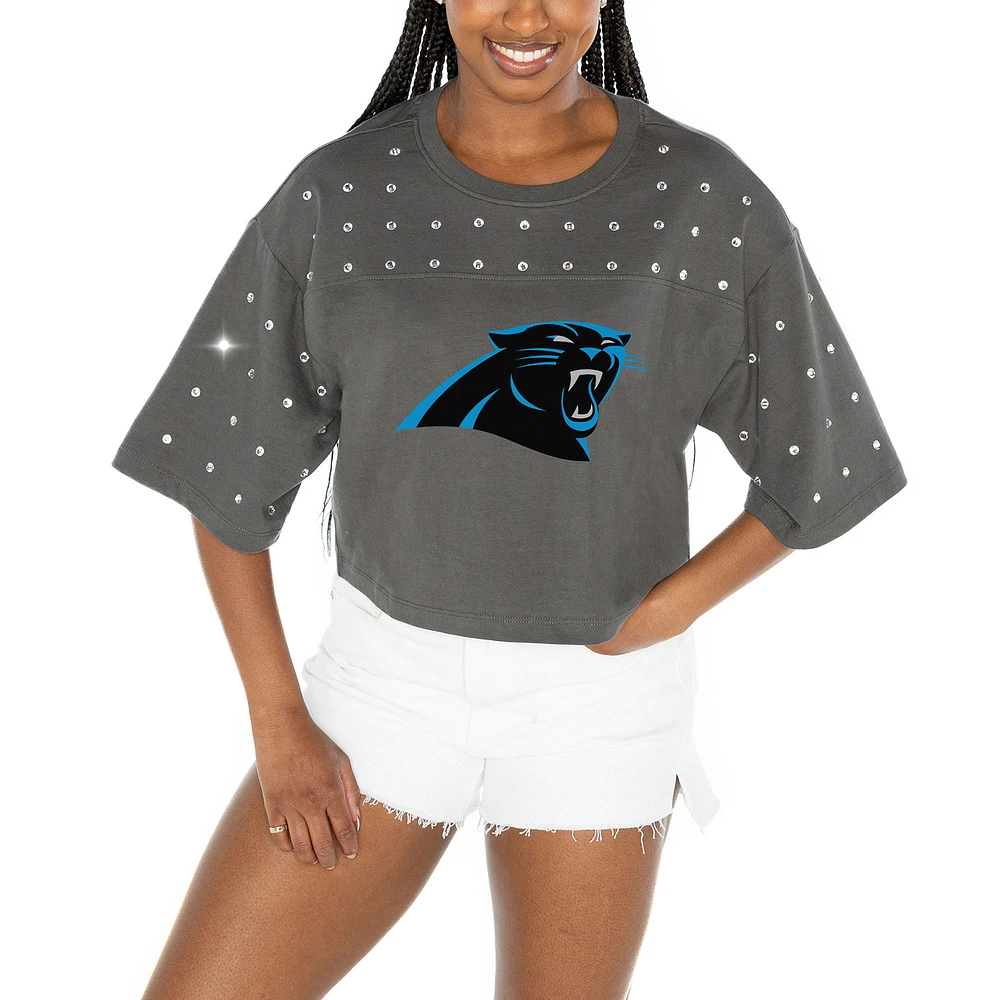 Women's Gameday Couture Gray Carolina Panthers All-Over Rhinestone Cropped Oversized T-Shirt