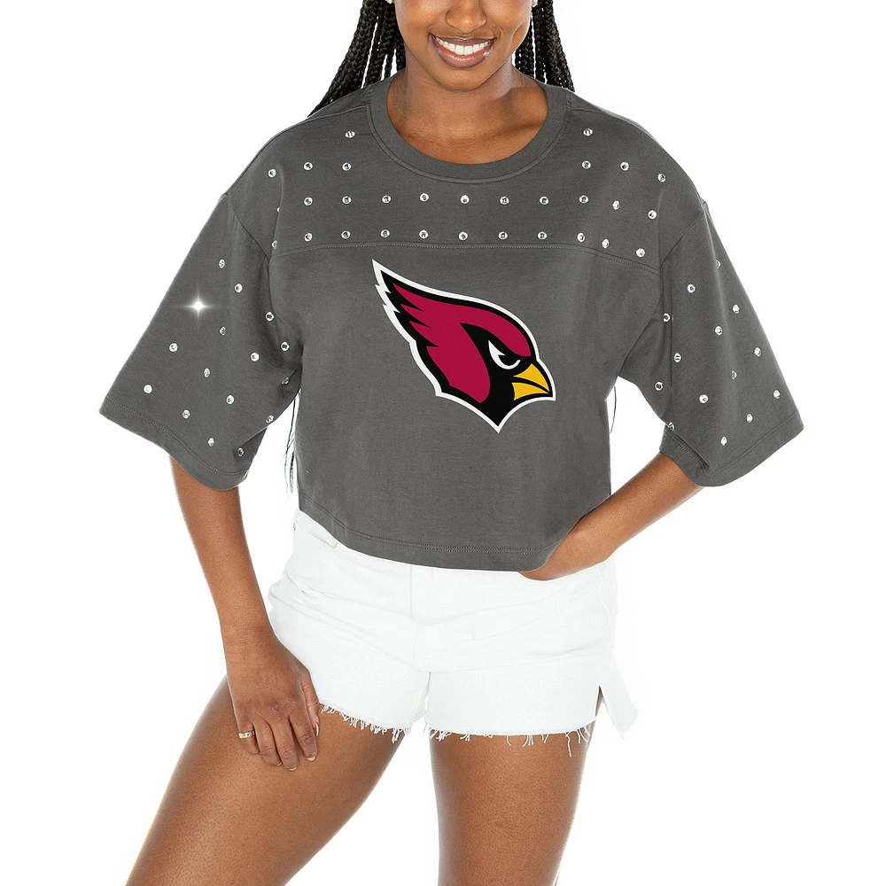 Women's Gameday Couture Gray Arizona Cardinals All-Over Rhinestone Cropped Oversized T-Shirt