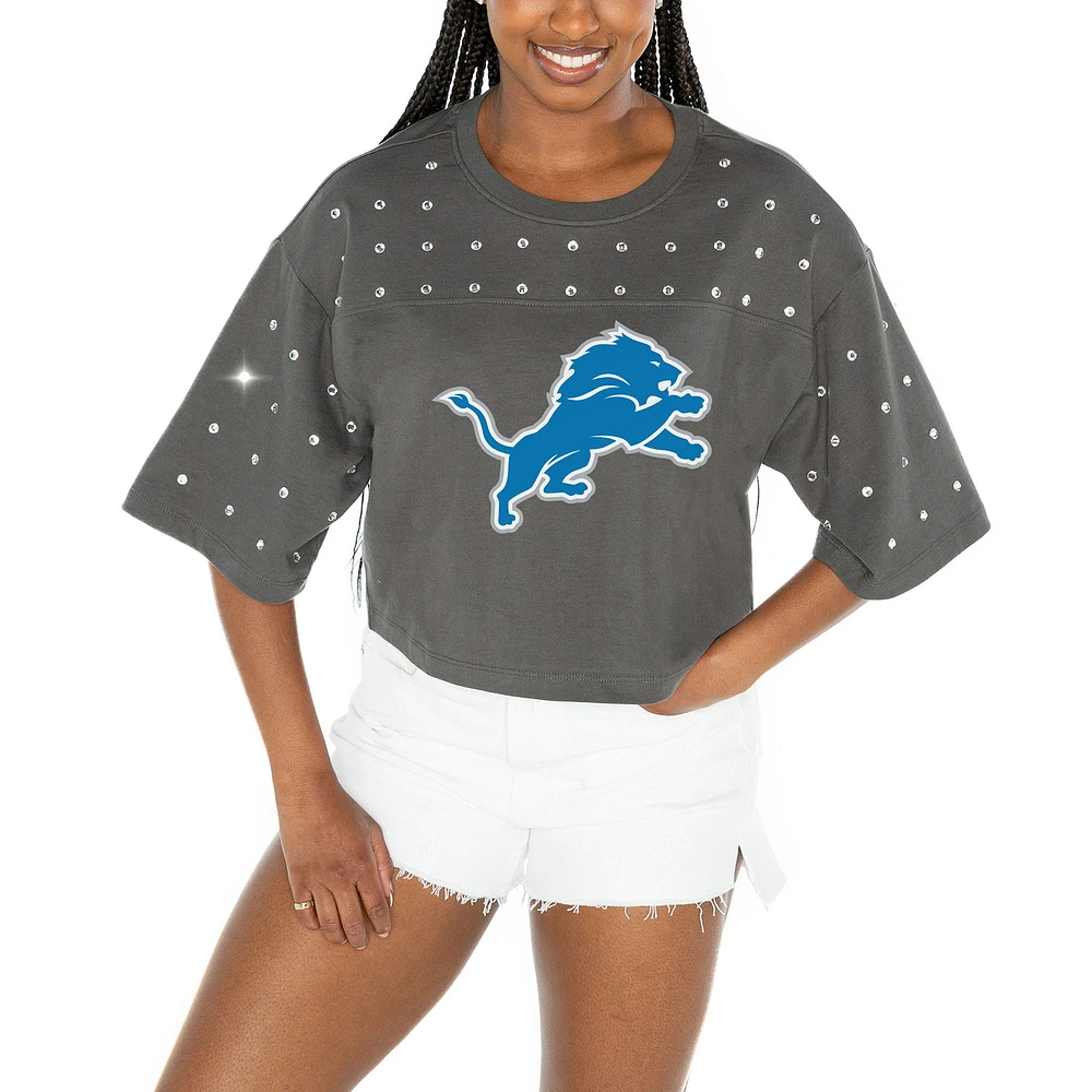 Women's Gameday Couture Gray Detroit Lions All-Over Rhinestone Cropped Oversized T-Shirt
