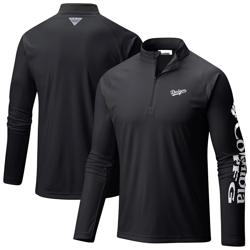 Men's Columbia Black Los Angeles Dodgers Terminal Tackle Raglan Omni-Shade Quarter-Zip Pullover Top