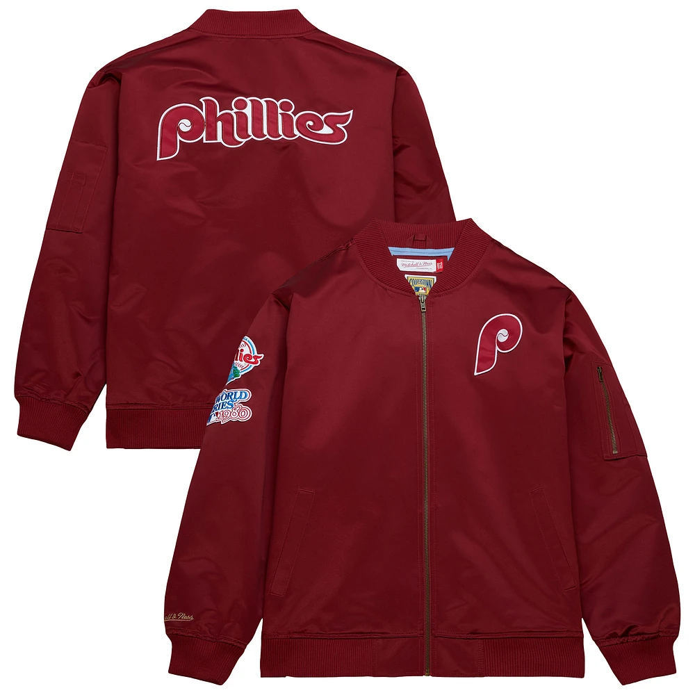 Men's Mitchell & Ness Burgundy Philadelphia Phillies Vintage Logo Satin Full-Zip Bomber Jacket