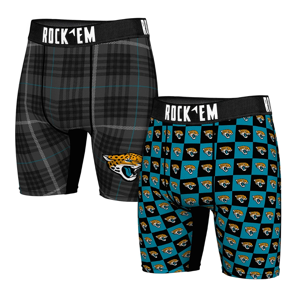 Men's Rock Em Socks Jacksonville Jaguars Two-Pack Plaid and Checkerboard Boxer Briefs