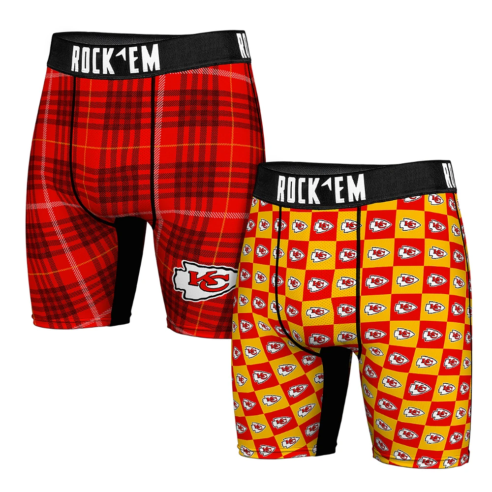 Men's Rock Em Socks Kansas City Chiefs Two-Pack Plaid and Checkerboard Boxer Briefs