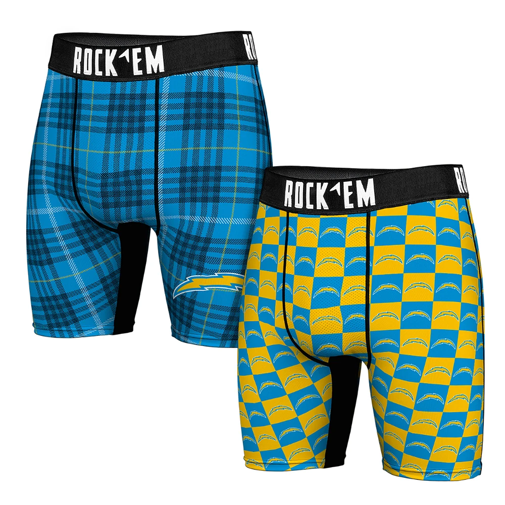 Men's Rock Em Socks Los Angeles Chargers Two-Pack Plaid and Checkerboard Boxer Briefs
