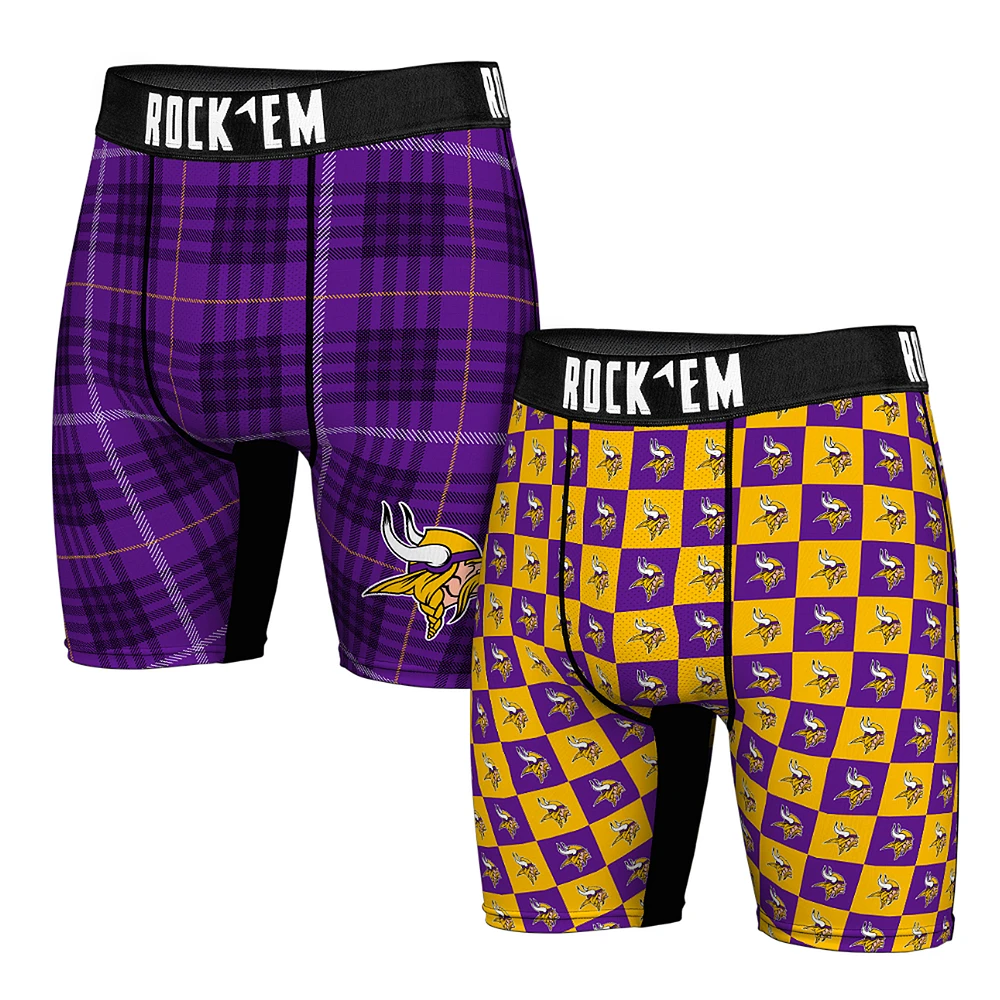 Men's Rock Em Socks Minnesota Vikings Two-Pack Plaid and Checkerboard Boxer Briefs
