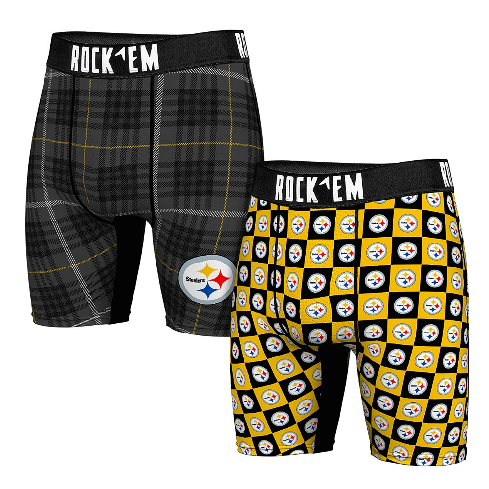 Men's Rock Em Socks Pittsburgh Steelers Two-Pack Plaid and Checkerboard Boxer Briefs