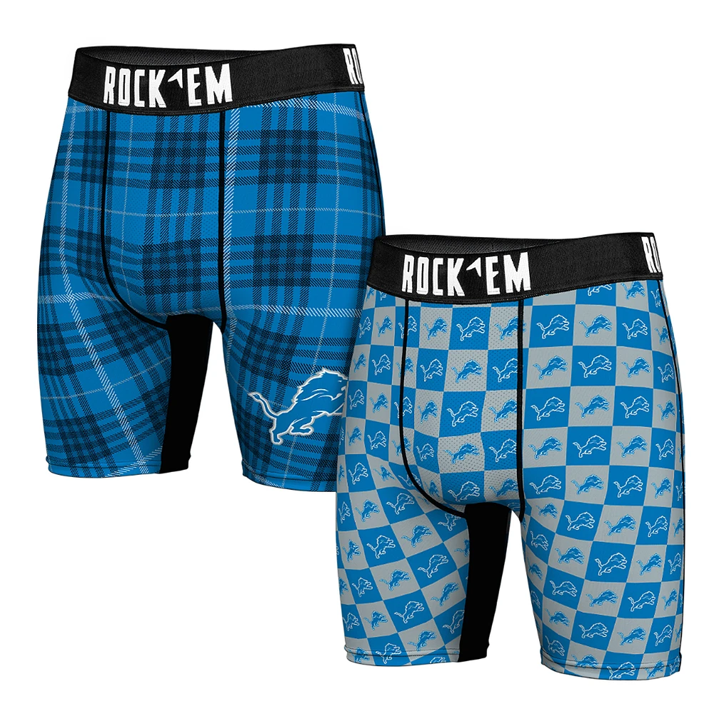 Men's Rock Em Socks  Detroit Lions Two-Pack Plaid and Checkerboard Boxer Briefs