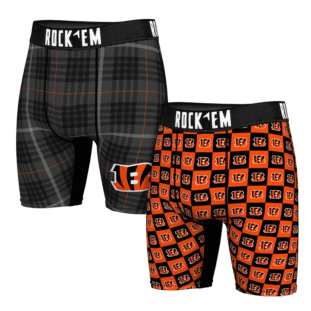 Men's Rock Em Socks Cincinnati Bengals Two-Pack Plaid and Checkerboard Boxer Briefs