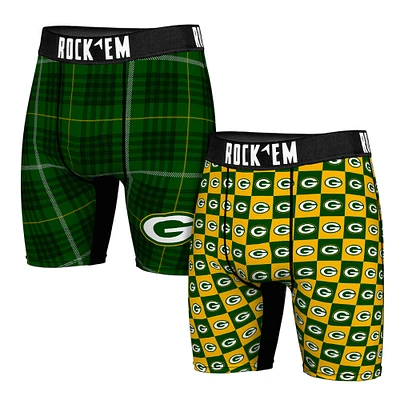 Men's Rock Em Socks  Green Bay Packers Two-Pack Plaid and Checkerboard Boxer Briefs