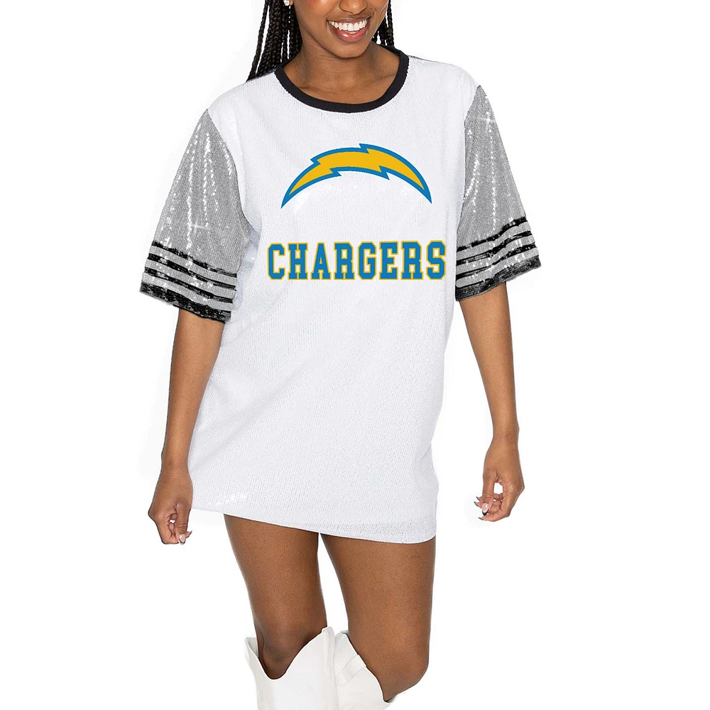 Women's Gameday Couture White/Gray Los Angeles Chargers Bling It Full Sequin Jersey Dress