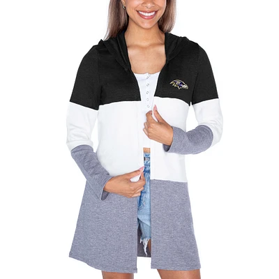 Women's Gameday Couture Black Baltimore Ravens Tri-Blend Color Block Lightweight Cardigan Hoodie