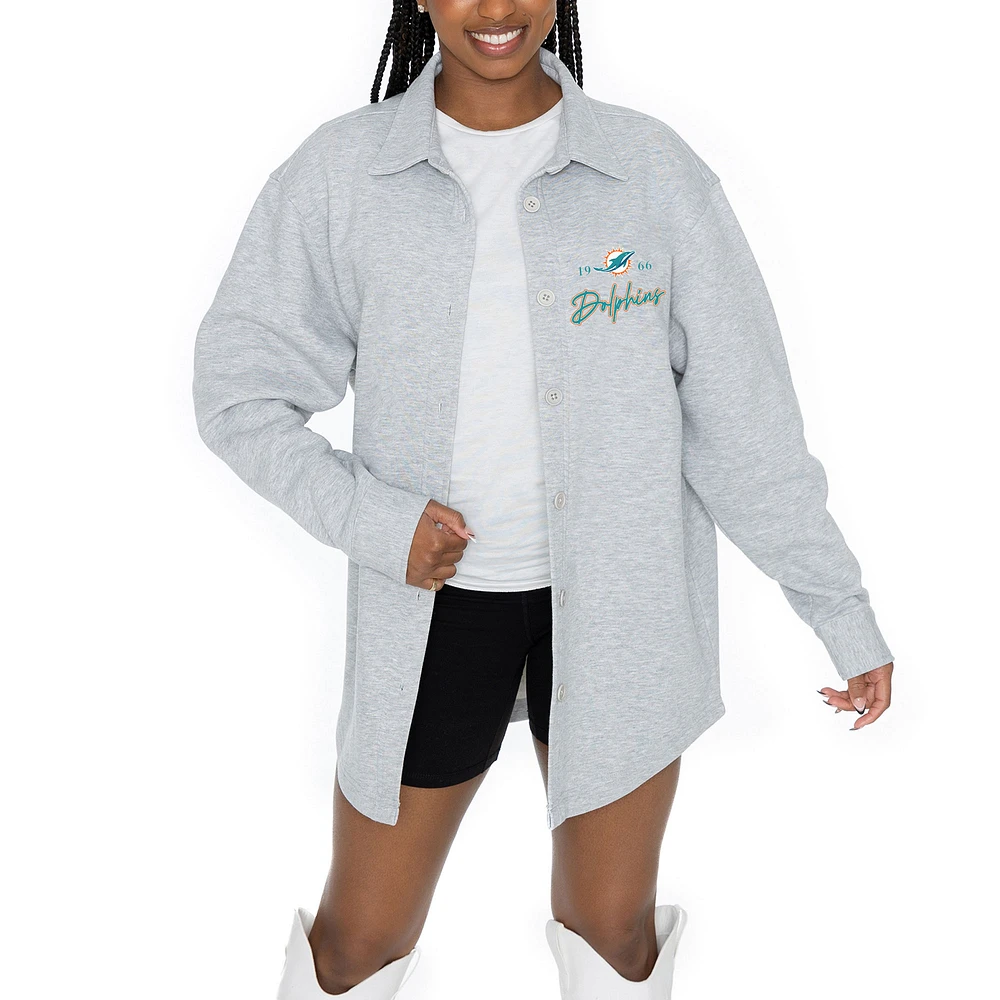 Women's Gameday Couture Ash Miami Dolphins Full-Button Long Sleeve Overshirt