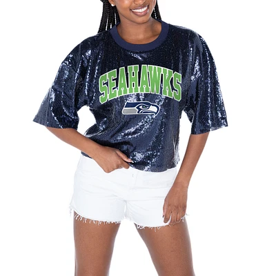 Women's Gameday Couture College Navy Seattle Seahawks Rise Up Sequin Cropped T-Shirt