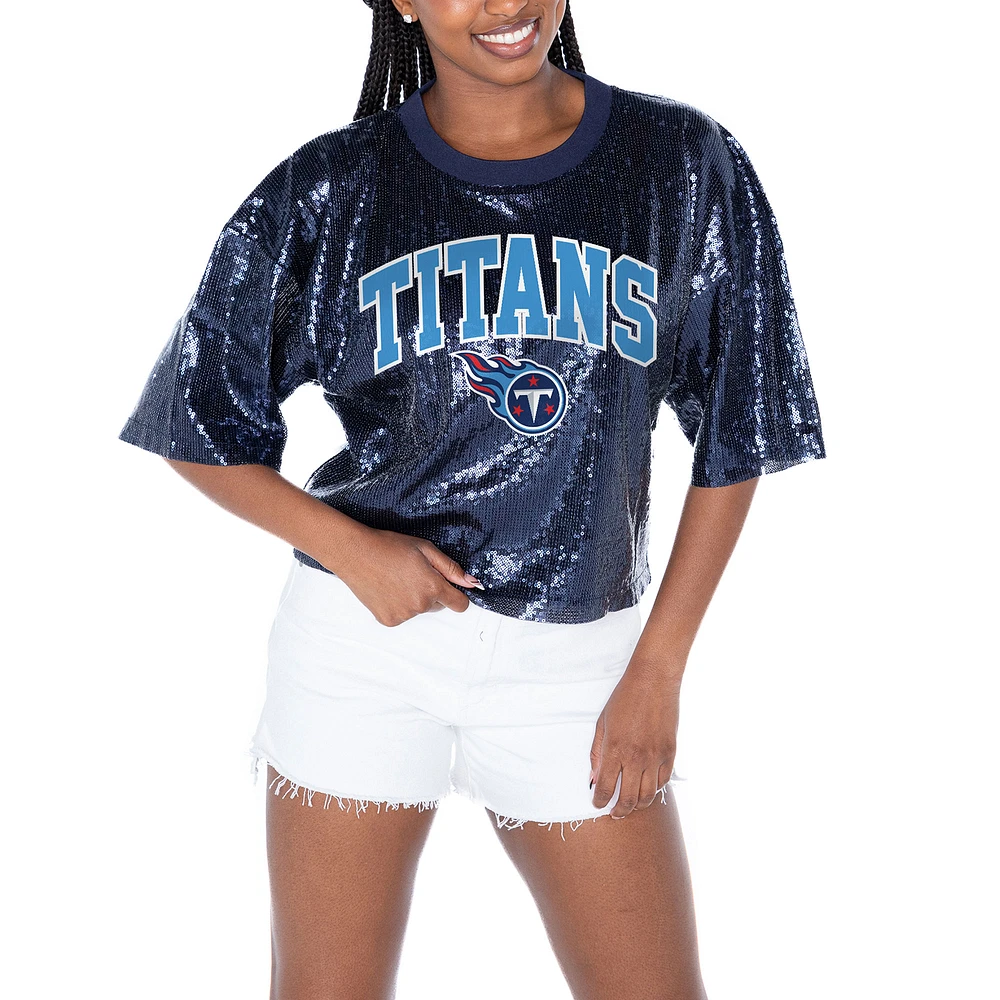 Women's Gameday Couture Navy Tennessee Titans Rise Up Sequin Cropped T-Shirt