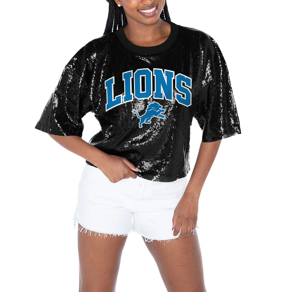 Women's Gameday Couture Black Detroit Lions Rise Up Sequin Cropped T-Shirt