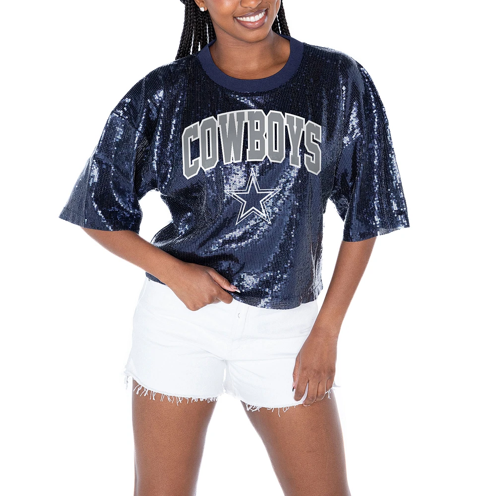 Women's Gameday Couture Navy Dallas Cowboys Rise Up Sequin Cropped T-Shirt